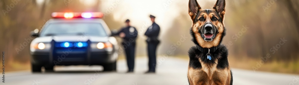 A police dog stands alert on a road, with officers and a patrol car in the background, symbolizing law enforcement and teamwork. A police dog stands alert on a road, with officers and a patrol car in the background, symbolizing law enforcement and teamwork.