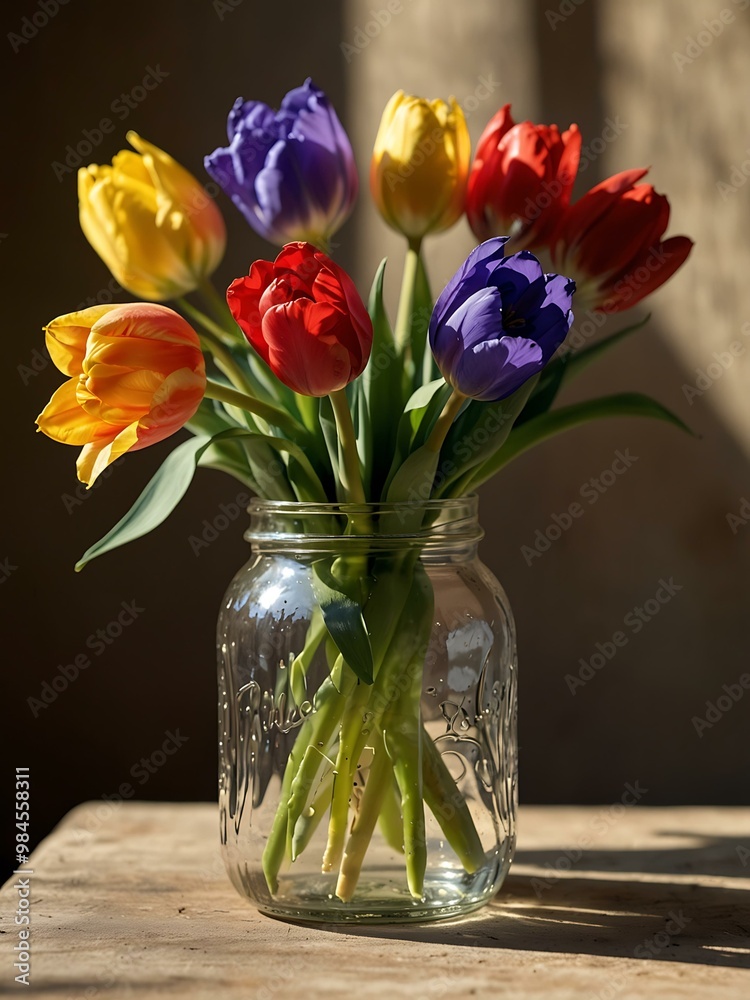 Jar of tulips, irises, and daisies illuminated by warm sunlight. Jar of tulips, irises, and daisies illuminated by warm sunlight.