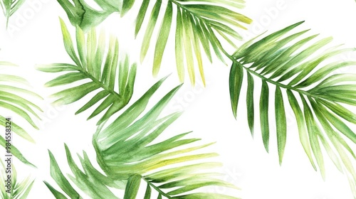 Seamless watercolor tropical pattern featuring palm leaves on a white background ideal for summer and festive theme compositions