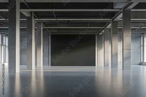  A large, empty, open space with concrete columns and an overhead ceiling, a white floor, grey walls, and a black background wall in the middle of the room. Interior design mockup for an office or war