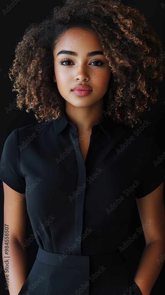 Black African American woman portrait beautiful attractive girl curly hair brunette businesswoman in short sleeved closed shirt, black outfit, black background Black African American woman portrait beautiful attractive girl curly hair brunette businesswoman in short sleeved closed shirt, black outfit, black background