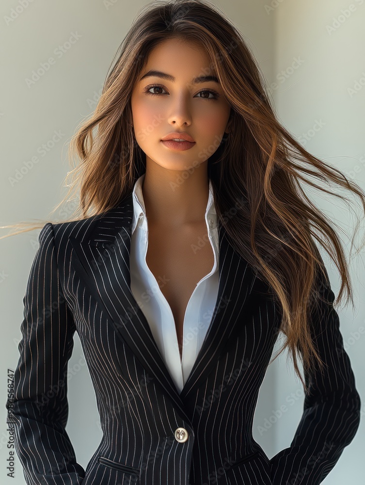 Fototapeta premium A woman in a black and white outfit poses for the camera