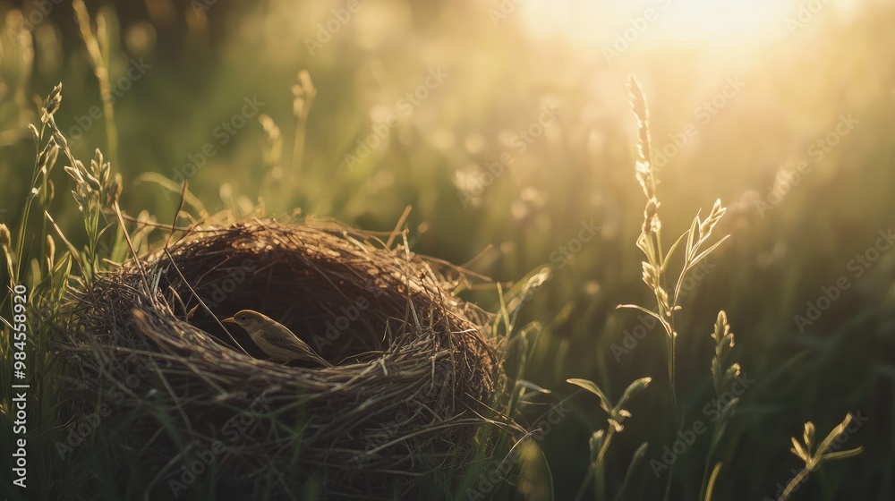A small bird peacefully sitting in its nest on a tree branch, illuminated by soft evening lights in a tranquil forest scene.