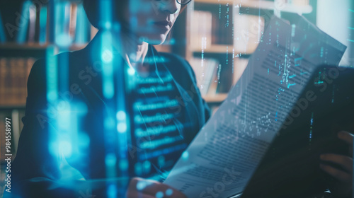 Banker in close-up reviewing financial documents, serious expression, legal books and digital screen in background, emphasizing compliance and financial regulation.