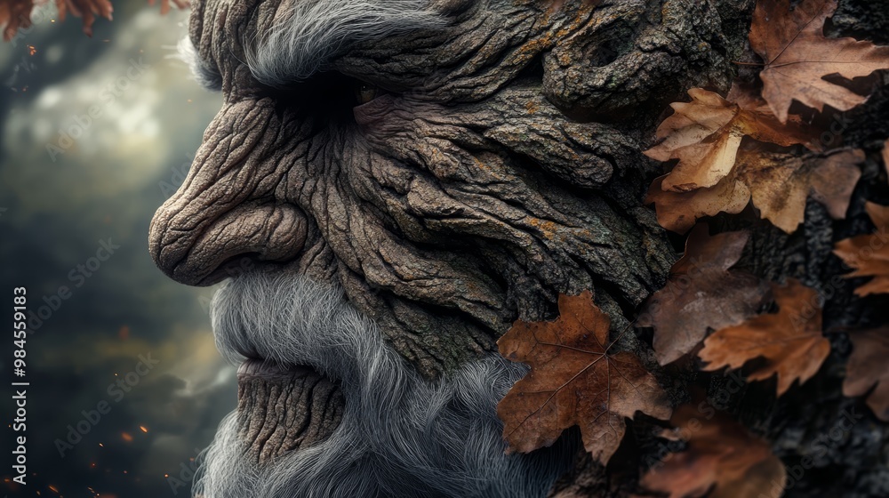 Obraz premium A close-up of an ancient being with textured bark-like features, framed by autumn leaves, showcasing the beauty of nature's artistry.