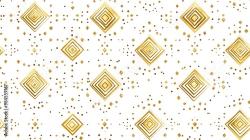 Seamless raster pattern featuring golden geometric shapes including small rhombuses and diamond designs complemented by lines and a grid Ethnic ornamental background in white and gold with a halft photo