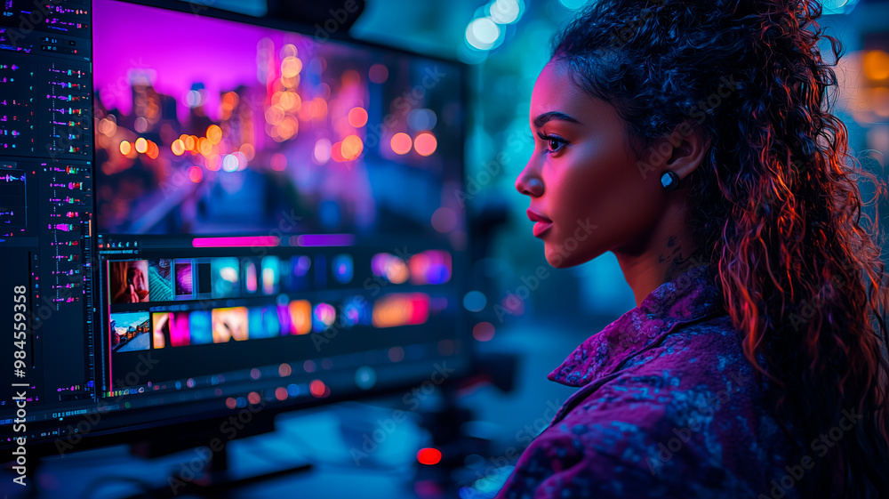 Professional Video Editor in a High-Tech Editing Studio Professional Video Editor in a High-Tech Editing Studio