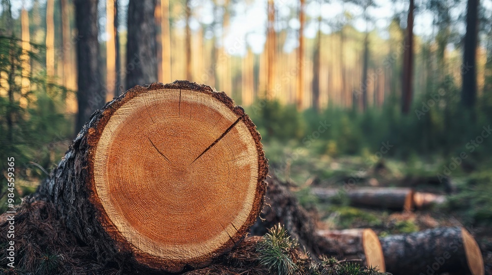 A crosswise-cut pine tree in the forest A crosswise-cut pine tree in the forest
