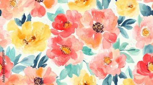 Seamless floral pattern featuring a watercolor background with vibrant flowers Illustration suitable for fabric and wrapping paper photo