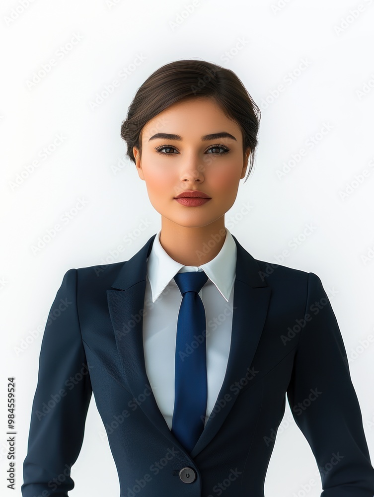 A woman in a business suit with a blue tie and a pink lip color