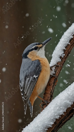 Krupers Nuthatch enjoying winter snow. photo