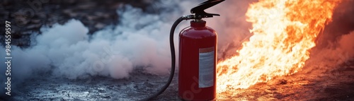 A fire extinguisher is positioned near flames, showcasing emergency tools for fire safety and prevention in action. photo