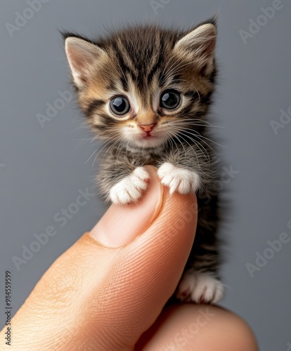 A close-up photo of a cute tiny kitten gracefully standing on the tip of a pointed human finger.