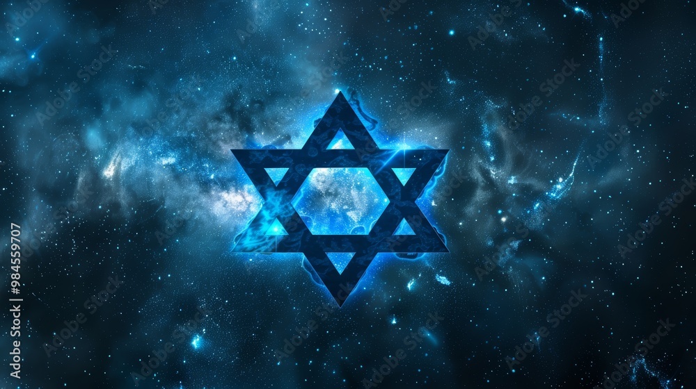 A glowing blue Star of David symbol against a cosmic background, representing unity, faith, and spirituality in the universe. A glowing blue Star of David symbol against a cosmic background, representing unity, faith, and spirituality in the universe.
