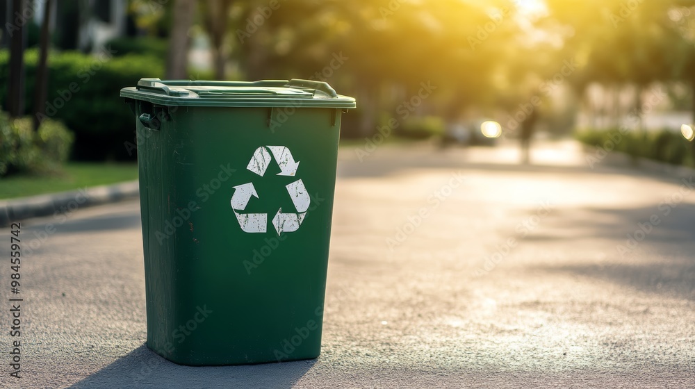A green recycling bin sits on a sunlit street, promoting eco-friendly waste management and sustainability in the community. A green recycling bin sits on a sunlit street, promoting eco-friendly waste management and sustainability in the community.