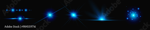 Light blue effect reflections, neon illumination in white colors. Bright light lens. Police light effects, lines. Shiny stars, glowing sparks on a black background. Vector blue light effect