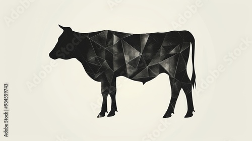 A geometric silhouette of a cow, showcasing modern art with triangular shapes and monochromatic tones, perfect for creative projects.