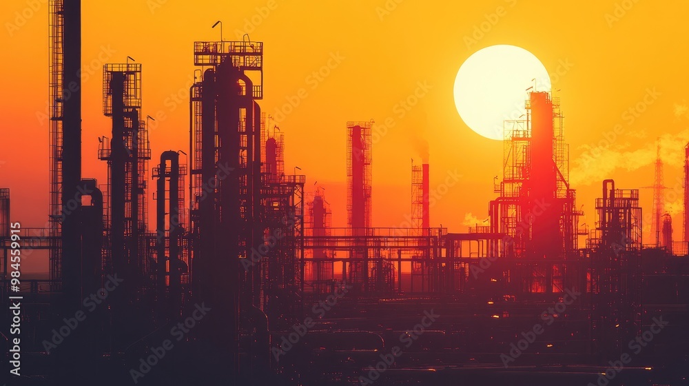 A large industrial refinery emits smoke at sunrise, showcasing energy production, pollution, and environmental impact against a glowing sky.