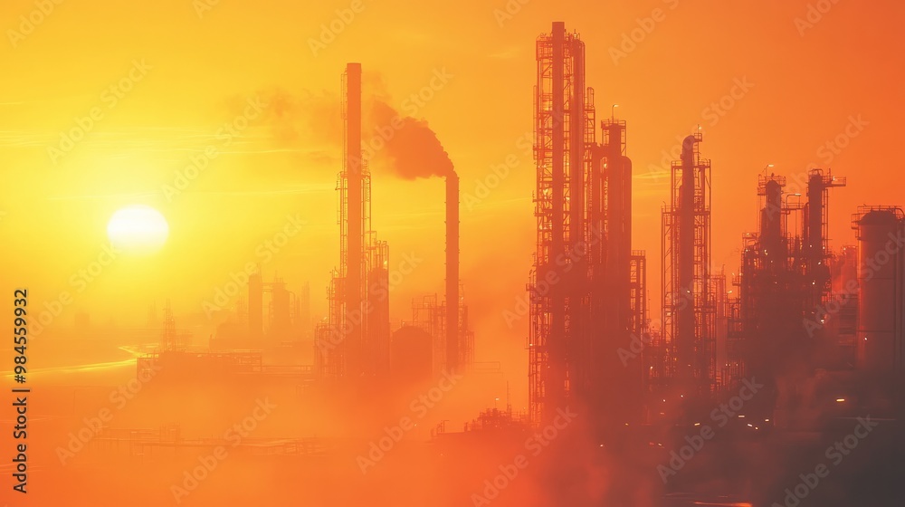 A large industrial refinery emits smoke at sunrise, showcasing energy production, pollution, and environmental impact against a glowing sky. A large industrial refinery emits smoke at sunrise, showcasing energy production, pollution, and environmental impact against a glowing sky.