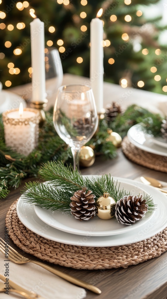 A beautifully arranged Christmas table features green and gold decorations with white plates, pine cones, and candles, creating a warm festive ambiance A beautifully arranged Christmas table features green and gold decorations with white plates, pine cones, and candles, creating a warm festive ambiance