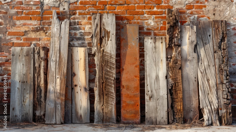 Weathered Wood Planks Against Brick Wall Weathered Wood Planks Against Brick Wall