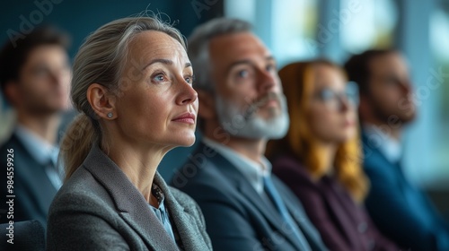 A group of business people at a conference or meeting, sitting in arow and listening to a presentation. Highlighting the focus and engagement of attendees.