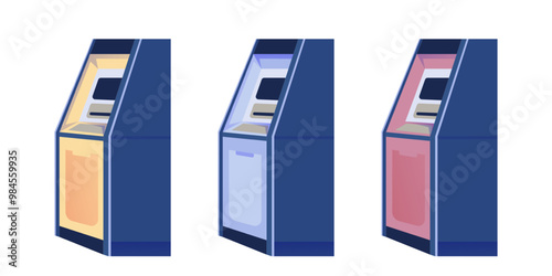 ATM. Bank machines. Cash terminals. Self-service kiosks. Financial transaction, money withdraw, finance services. Flat vector illustration set isolated on transparent background.