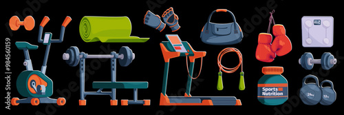 Gym equipment for workout set. Training accessories for sport club or home exercises. Treadmill, bike, dumbbells, bench with barbell, jump rope, mat, bag, scale, gloves. Isolated vector illustration.