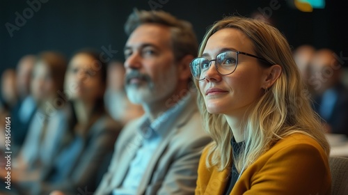 A group of business people at a conference or meeting, sitting in arow and listening to a presentation. Highlighting the focus and engagement of attendees.