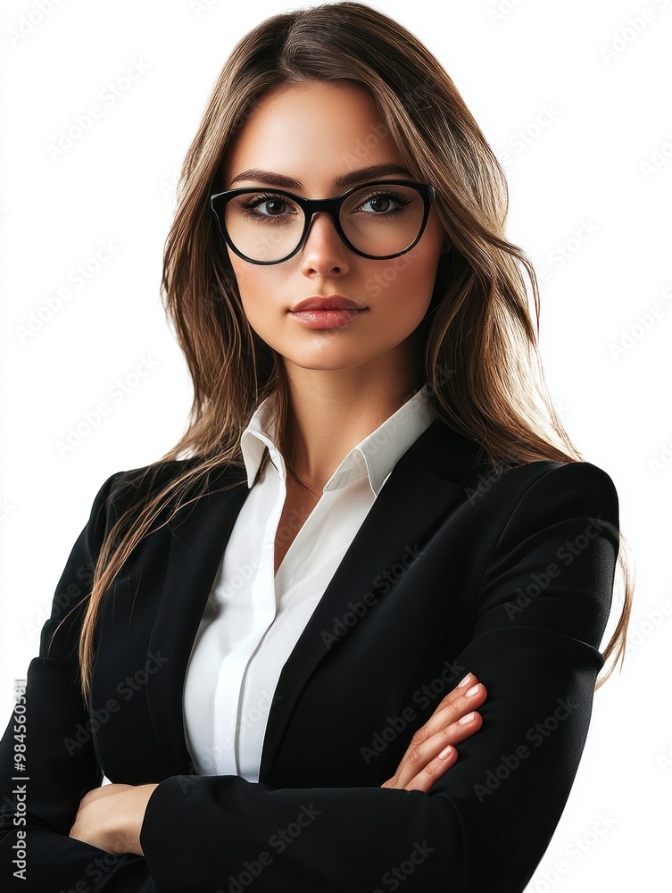 A woman wearing glasses and a black suit is posing for a photo A woman wearing glasses and a black suit is posing for a photo