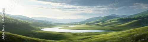 A serene landscape featuring rolling hills, a calm river, and a bright sky. Perfect for nature lovers and relaxation themes.