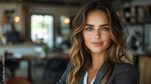 A smiling woman with wavy hair and hazel eyes stands confidently in a modern café filled with natural light, exuding positivity and approachability