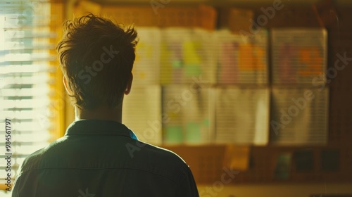 Rear view of a man standing in front of a bulletin board covered with documents, deep in thought as sunlight filters through blinds.