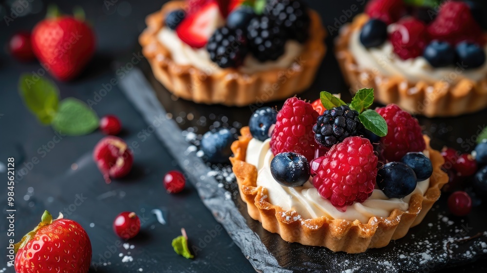 A close-up of a beautifully crafted tart topped with fresh mixed berries and cream filling, showcasing vibrant colors and a crumbly crust. A close-up of a beautifully crafted tart topped with fresh mixed berries and cream filling, showcasing vibrant colors and a crumbly crust.