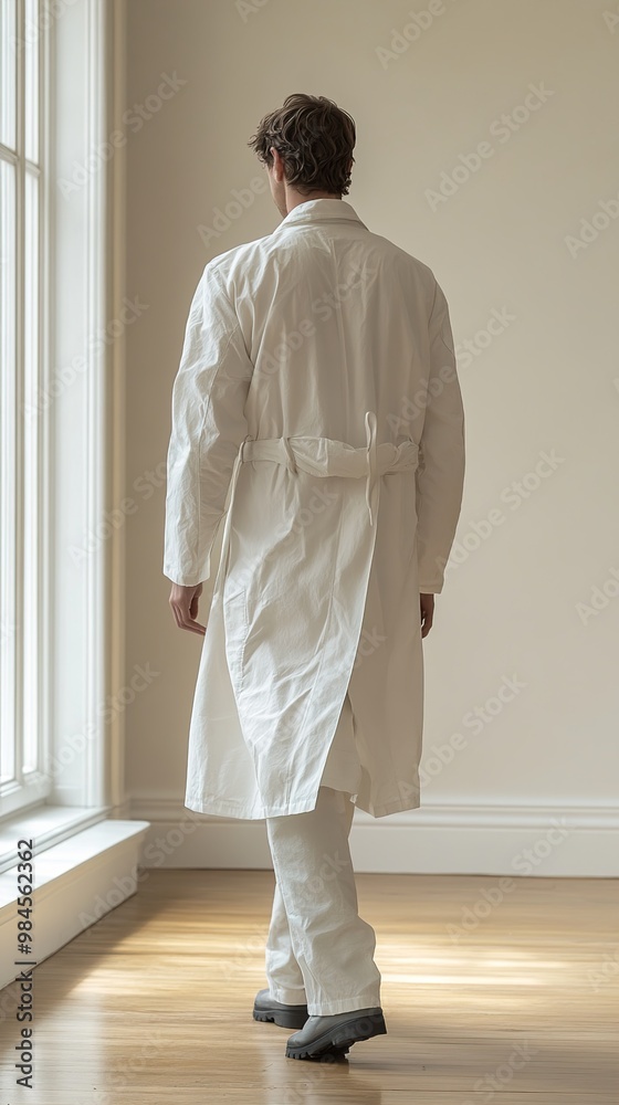 A Man in a White Coat Walking Away from a Window A Man in a White Coat Walking Away from a Window