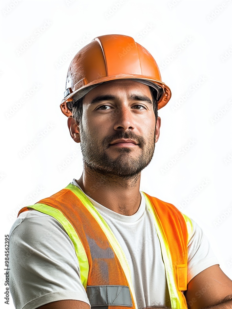 A man in a construction outfit is wearing a bright orange vest and a hard hat A man in a construction outfit is wearing a bright orange vest and a hard hat