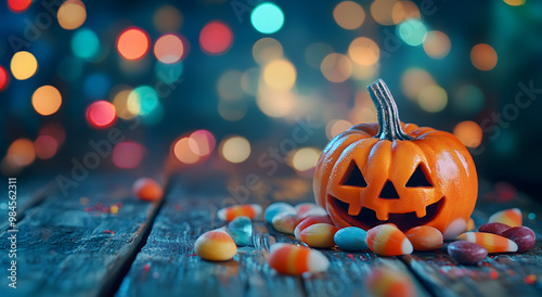 This photograph captures the essence of Halloween festivities, featuring a beautifully carved orange pumpkin lantern resting gracefully on a wooden table. 