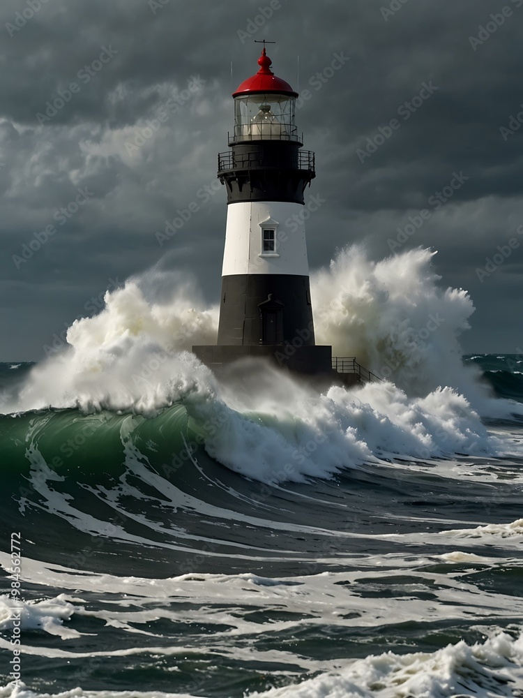 Lighthouse standing firm against a powerful wave. Lighthouse standing firm against a powerful wave.