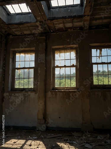 Light beams through three windows in a decaying building.