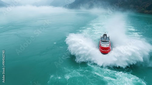 A red boat is in the water, creating a large wave