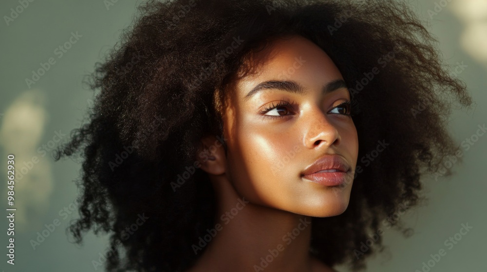 A serene portrait of a woman with flowing, natural hair, styled with soft waves and a gentle, relaxed expression. A serene portrait of a woman with flowing, natural hair, styled with soft waves and a gentle, relaxed expression.