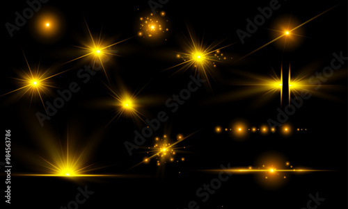 Light yellow effect reflections, neon illumination in white colors. Bright light lens. Police light effects, lines. Shiny stars, glowing sparks on a black background. Vector gold light effect