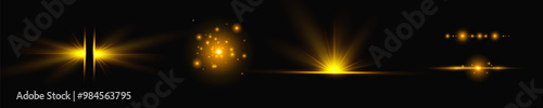 Light yellow effect reflections, neon illumination in white colors. Bright light lens. Police light effects, lines. Shiny stars, glowing sparks on a black background. Vector gold light effect