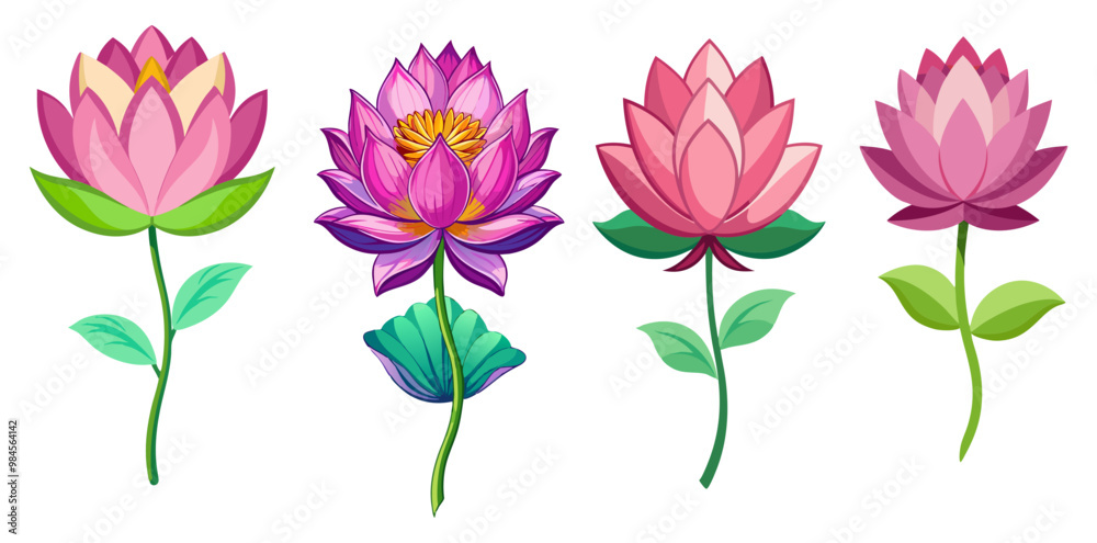 set of pink Lotus flowers, Serene Lotus Flower Illustration - Delicate Pink and Green Petals, Symbolic for Peace and Purity, Ideal for Spiritual and Botanical Themes, Lotus Vector Illustration set of pink Lotus flowers, Serene Lotus Flower Illustration - Delicate Pink and Green Petals, Symbolic for Peace and Purity, Ideal for Spiritual and Botanical Themes, Lotus Vector Illustration