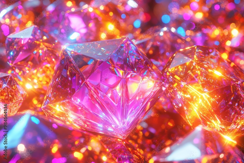Sparkling colorful crystals and gems with glowing lights Sparkling colorful crystals and gems with glowing lights