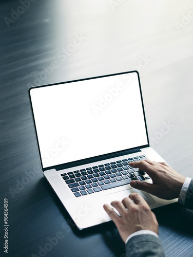 Close up of male hands and laptop with blank screen. Mock-up of computer monitor. Copyspace ready for design or text. Transparent screen, cut out. PNG