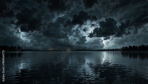 Low storm clouds over a lake at night, hyper-realistic.