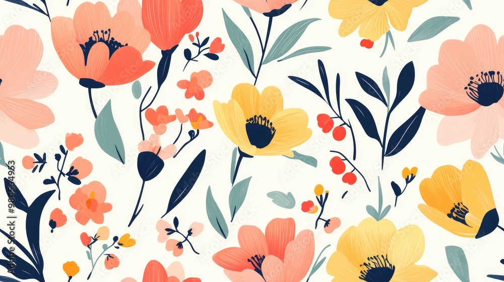 Beautiful fabric pattern with a spring theme Seamless floral design in raster illustration featuring flat flower elements Beautiful fabric pattern with a spring theme Seamless floral design in raster illustration featuring flat flower elements