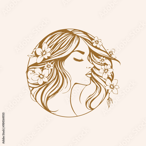 Natural beauty woman long hair logo for salon or cosmetic product with line art style. Line art floral women logo design. creative vintage editable vector floral girl illustration.