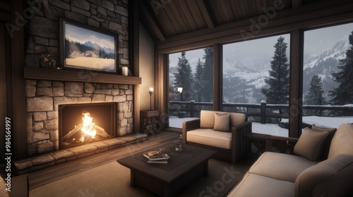 Cozy living room with a stone fireplace, snow-covered mountains visible through large windows, perfect for winter retreats.